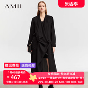 amii2023秋休闲荡领不规则门襟，长款外套女雪纺，长袖黑色上衣