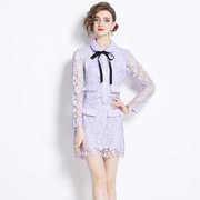 轻奢名媛小香风套装女撞色拼接紫色，水溶蕾丝上衣，a字半身裙两件套