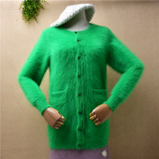 外贸原单秋冬翠绿色长毛水貂绒口袋修身显瘦开衫外套毛衣女L335