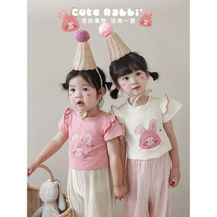 幼悠女童t恤韩系童装卡通，小兔夏装洋气，套头衫儿童百搭小飞袖上衣