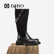 dibo碲铂复古英伦骑士靴女2023冬季拼接西部平跟加绒长靴女