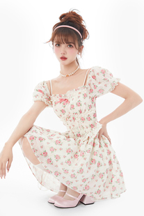 Acaine 菊次郎的夏天 裙子女法式浪漫玫瑰印花吊带连衣裙小众设计