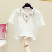 2024夏季韩版时尚重工钉珠镶钻设计感圆领短袖T恤女休闲上衣