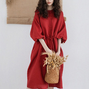 韩国2024春夏女亚麻连衣裙，森系灯笼袖，红色棉麻中长裙子打底裙