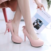 韩版甜美粉色水钻蝴蝶结尖头细跟高跟鞋女圆头10cm防水台公主单鞋
