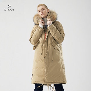 oikos冬季中长款直筒，连帽貉子毛领羽绒服，加厚保暖棉服外套女