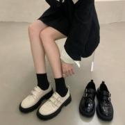 gg。香港复古圆头小皮鞋，女秋冬季2023厚底，中跟皮带扣英伦风乐