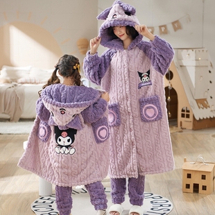 儿童睡衣秋冬季亲子母女加厚法兰绒长款睡袍套装女童珊瑚绒家居服