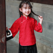 儿童汉服套装女童唐装秋冬款民国风红色礼服女孩旗袍中国风童装