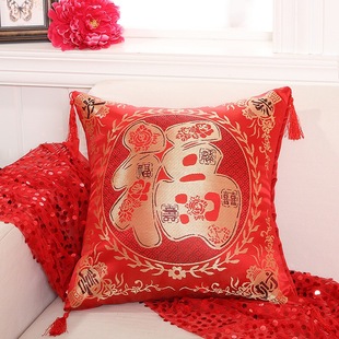 2个喜庆福字靠垫结婚中式古典抱枕绸缎流苏，沙发靠背枕套含芯