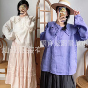 韩版三层荷叶边密拷龄亚麻包扣衬衫，复古法式女款上衣清新