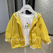 kkbaby韩国童装21春女童洋气时尚休闲可爱宽松拉链亮黄色连帽外套