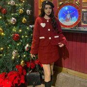 圣诞女装红色小香风套装秋冬过年高级感爱心羊羔，毛外套(毛外套)裙子两件套