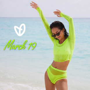 March19比基尼沙滩防晒衫荧光色性感透视度假冲浪泳衣女罩衫