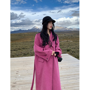 zhuyiyi玫粉色双面羊绒大衣女，秋冬全羊毛，过膝长款高级感毛呢外套