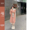 佐佐家小个子粉色带帽大衣女，秋冬季韩版宽松长款加厚毛呢外套