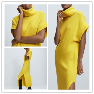 西班牙单2024秋季修身版型羊毛长款气质连衣裙黄色长裙