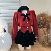 圣诞红色毛衣外套女秋冬2023黑色蝴蝶结，加厚圆领针织开衫上衣