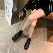 小香风乐福鞋女2023春季菱格金扣深口单鞋圆头黑色中跟小皮鞋