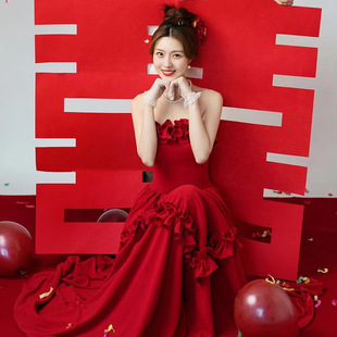 新中式复古小众轻婚纱晨袍2023订婚礼服敬酒服红色抹胸连衣裙
