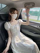 白色方领泡泡袖蕾丝连衣裙夏女系带，收腰显瘦法式茶歇裙甜美公主裙