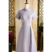 紫色旗袍2023女夏季新式改良年轻款喜婆婆婚宴装妈妈结婚礼服