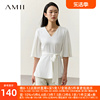 amii2024夏法式(夏法式)雪纺，衫女喇叭袖v领白色，衬衫设计感配腰带上衣
