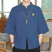 中国风刺绣男士唐装短袖亚麻，t恤夏季薄款七分袖，道袍上衣潮流衬衣