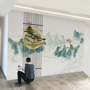 现代新中式壁画绿色抽象山水墙纸，背景墙布松树客厅，卧室书房3d壁纸