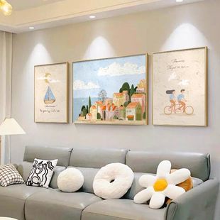 北欧客厅装饰画美景现代简约风景沙发轻奢挂画肌理，感小清新三联画