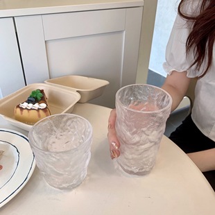 日式ins风冰川纹玻璃杯子，果汁饮料水杯创意，清新森系树皮纹杯