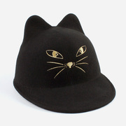 轻奢帽秋冬羊毛毡帽子女，时装帽猫耳朵黑色，刺绣毛呢鸭舌帽欧美