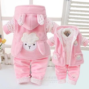 女宝宝秋冬装加厚三件套0-1-2岁女童棉，衣服3-6-9个月婴儿童外出服