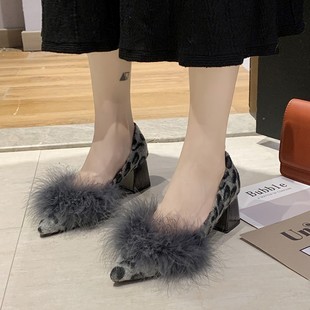 毛毛鞋女外穿2019秋冬韩版高跟鞋尖头粗跟单鞋绒面豹纹女鞋子