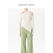 CONCISE-WHITE简白 拼色不对称镂空露肩上衣秋冬设计款