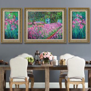 莫奈手绘油画花园风景客厅餐厅三联画法式美式复古装饰画挂画定制