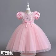 女童泡泡袖公主裙 蕾丝长裙 网纱粉色中小童裙 钢琴表演礼服