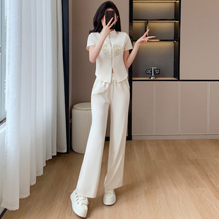 中国风夏季裤套装女2024时尚刺绣高级开衫运动短袖长裤两件套