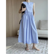 蓝色无袖圆领连衣裙女夏季2021设计感气质减龄宽松显瘦长裙
