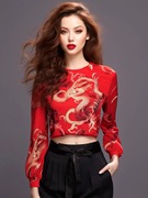 中国风复古红色短款百搭上衣，新中式设计感小香风，内搭龙年印花衬衫