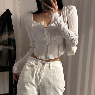 韩国东大门圆弧下摆长袖上衣女时髦时尚洋气白色半开领T恤