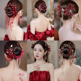 新娘礼服头饰酒红色花朵对夹，耳环套装水钻，流苏发夹敬酒服配饰品