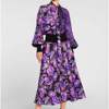 外贸欧美时尚印花紫拼接围巾领灯笼袖橡筋，收腰长款连衣裙抽象