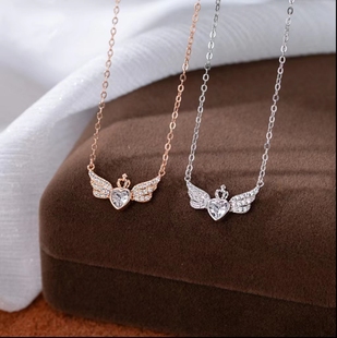 纯银天使之翼项链轻奢设计时尚满钻女爱心，翅膀锁骨链羽翼颈链