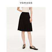 VGRASS黑色经典百褶醋酸短款半裙24年春季显瘦A字半身裙