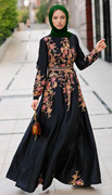 迪拜女装黑色长袍花卉连衣裙定位花礼服中东长裙优雅气质长袖旅游