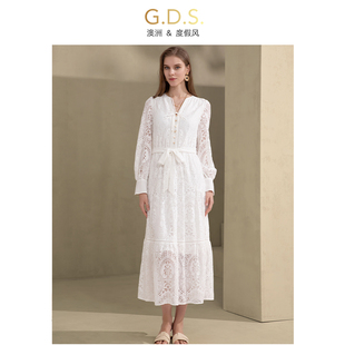 GDS澳洲品牌法式长袖V领性感2024年奢华大牌高端蕾丝长款连衣裙春