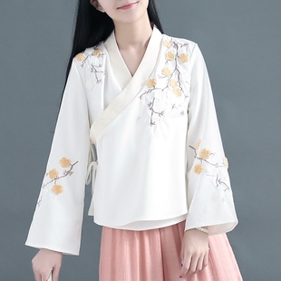 中国风复古斜襟交领系带绣花长袖，小开衫女外套，上衣刺绣禅茶服汉服