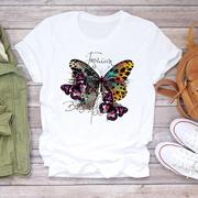 蝴蝶印花夏季上衣花朵圆领，女短袖时尚学生，薄款青年外穿打底衫t恤