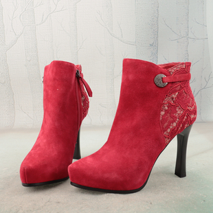 37码红色时尚超高跟，羊猄真皮蕾丝布女鞋子，短筒靴子时装靴x151-2